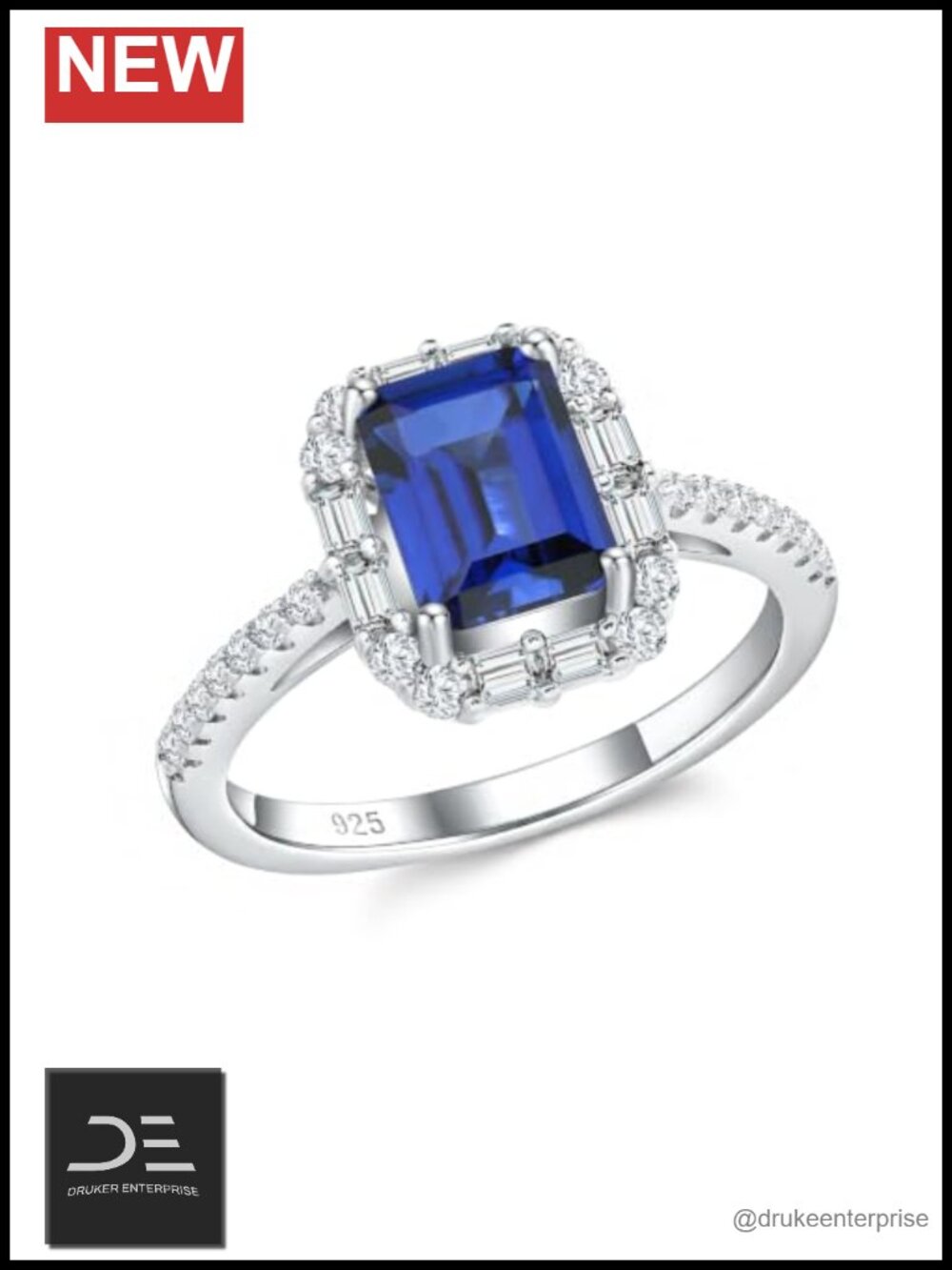 925 Sterling Silver Created Blue Sapphire Engagement Ring Women's
